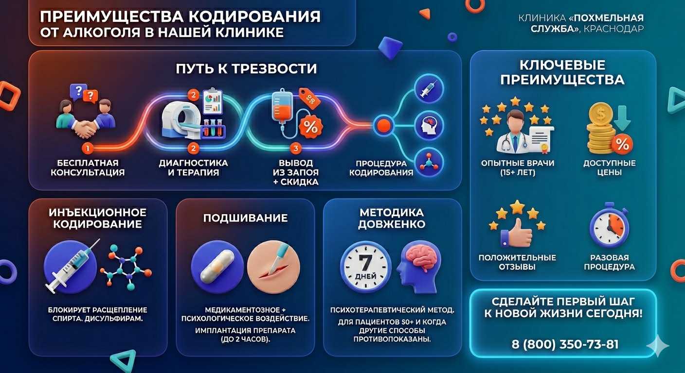 Инфографика о методах кодирования от алкоголя в Нововеличковской: инъекции, подшивание, метод Довженко. Преимущества клиники и этапы лечения.