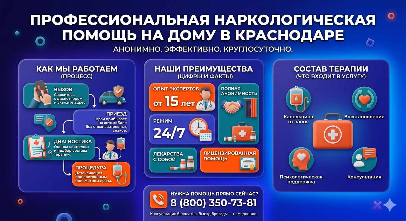 Инфографика о принципах лечения алкоголизма на дому в Нововеличковской: этапы вызова нарколога, преимущества анонимной детоксикации и состав медицинской помощи.